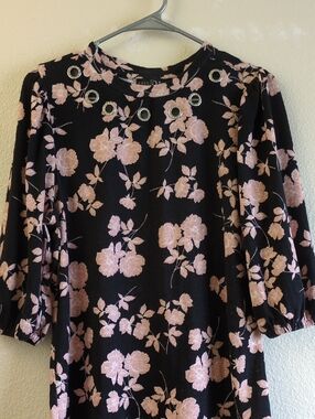 Fred David Black Tunic with Blush Pink Floral Print and Grommet Neck